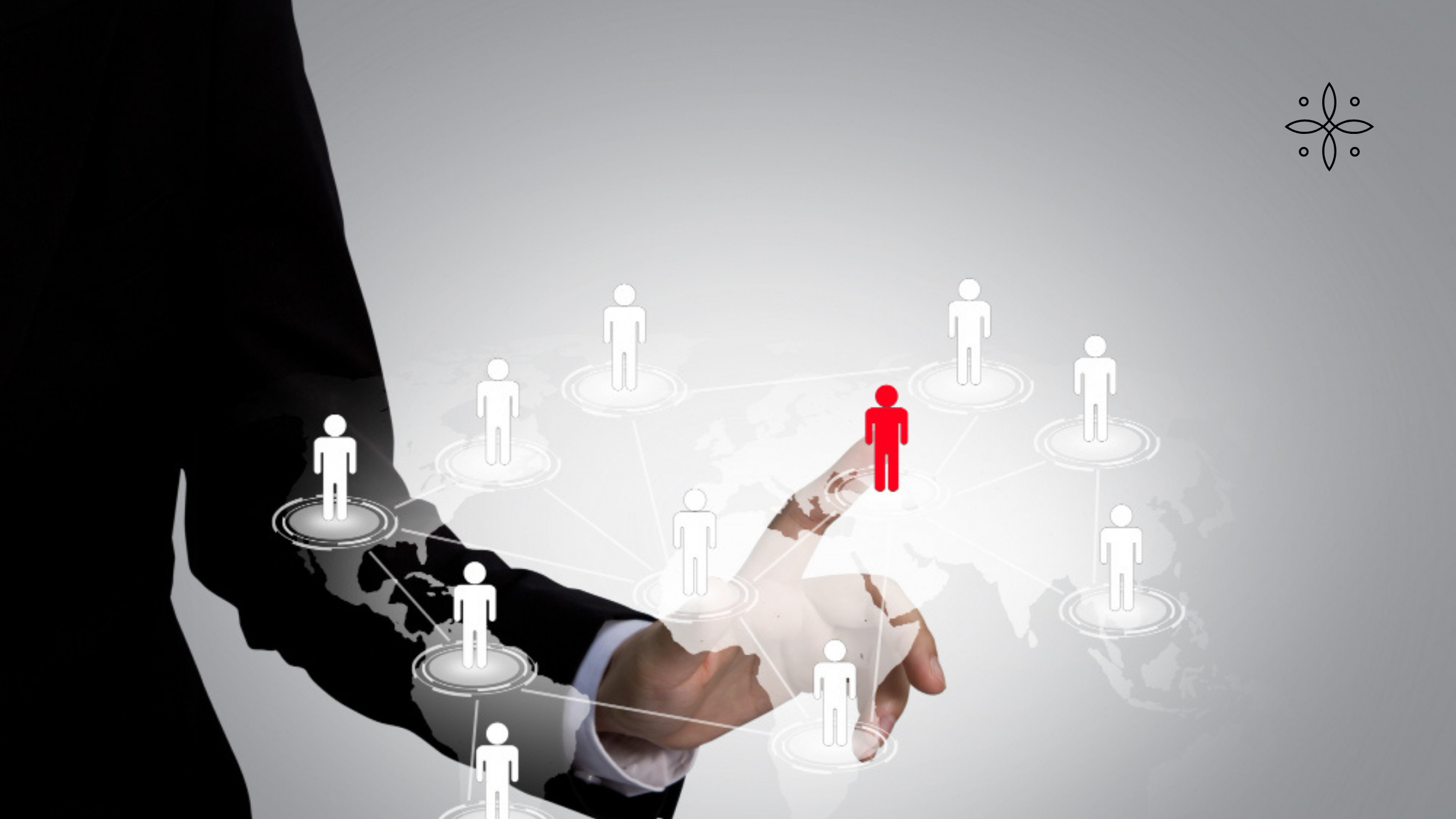 A hand points at a red person icon in a virtual network of people.